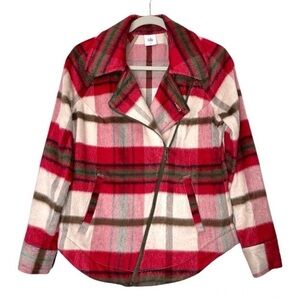 CAbi Red and Cream Plaid Teddy Jacket XS brown lightweight designer coat collar